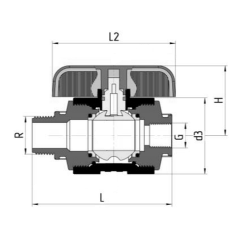 Кран шаровой Valfex компрессионный PP-R Дн20 1″x3/4″ Ру16 полнопроходной внутренняя-наружная резьба, корпус - полипропилен