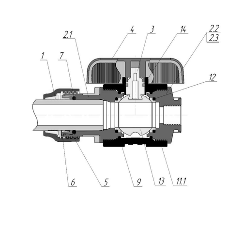 Кран шаровой Valfex компрессионный PP-R Дн20 1″x3/4″ Ру16 полнопроходной внутренняя-внутренняя резьба, корпус - полипропилен